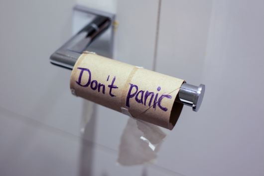 toilet paper roll with the words Don't Panic printed on it