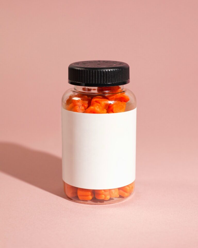 A jar containing orange pills